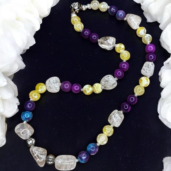 One of a Kind Rain Flower Jade Mattix Turquoise & Genuine Rock Crystal Necklace - Picture 3 of 6